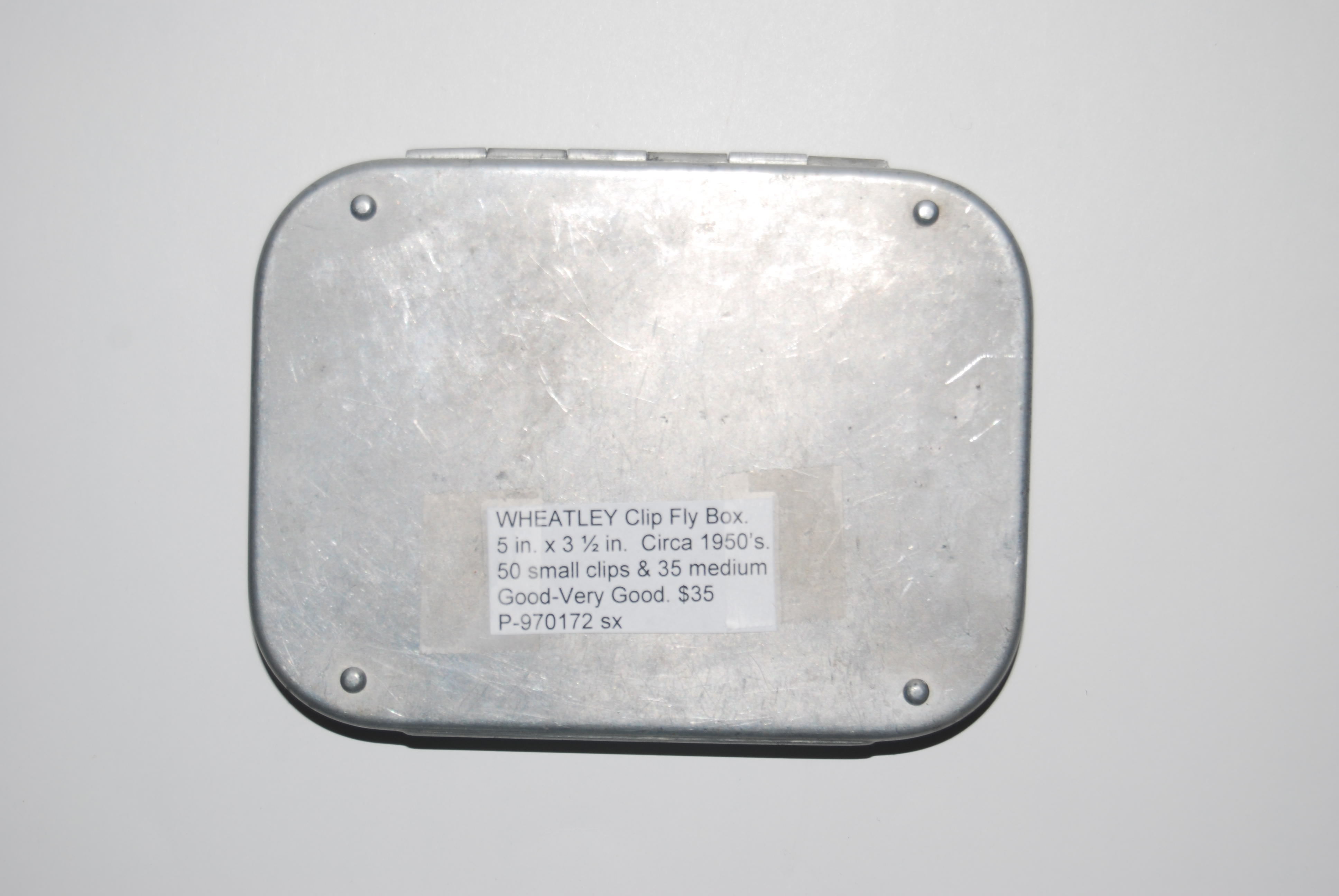 5 in. x 3 ½ in x 1/2.in. WHEATLEY Clip Fly Box. Bright Aluminum. With 50 small clips & 35 medium clips. Early Wheatley Image for 5 in. x 3 ½ in x 1/2.in. WHEATLEY Clip Fly Box. Bright Aluminum. With 50 small clips & 35 medium clips. Early Wheatley